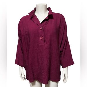 John Mark Plus 1X Solid Woven Wire Collar 3/4 Batwing Sleeve Button Front Tunic